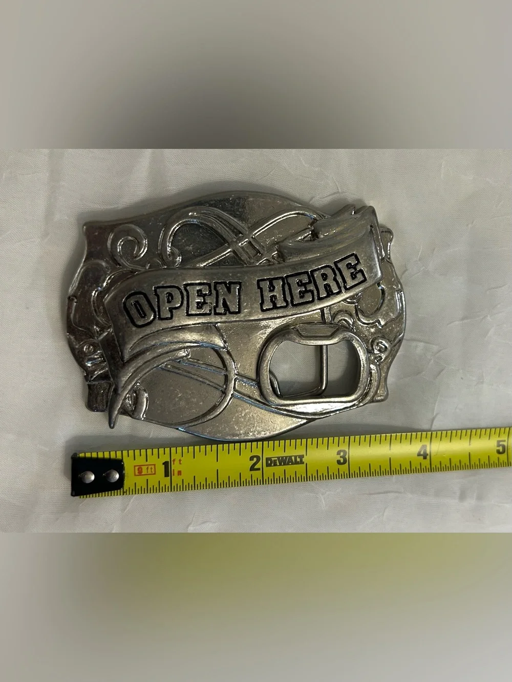 Silver 'Open Here' Belt Buckle Bottle Opener